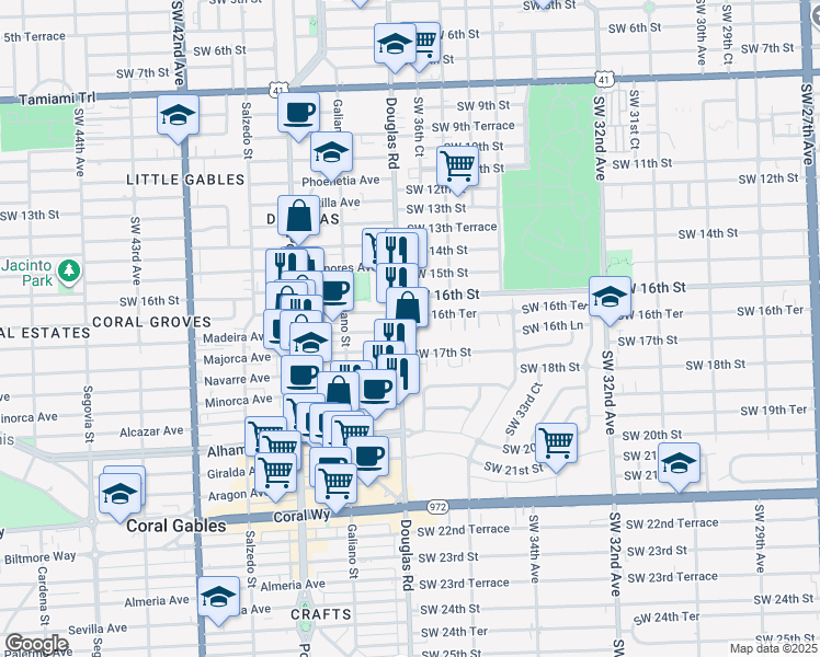 map of restaurants, bars, coffee shops, grocery stores, and more near 1627 Southwest 37th Avenue in Miami