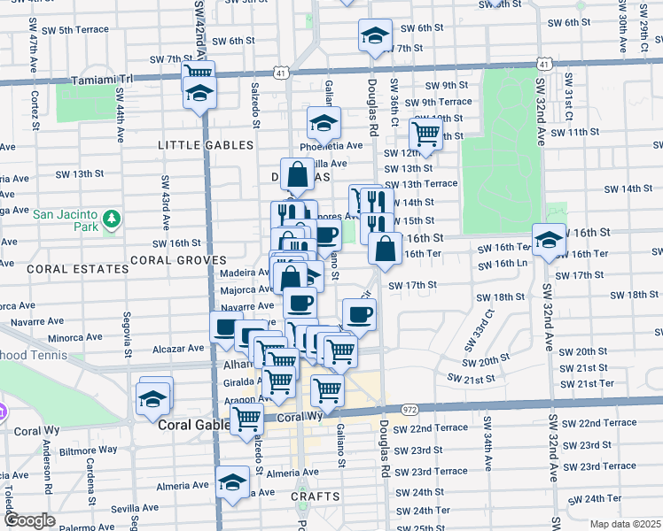 map of restaurants, bars, coffee shops, grocery stores, and more near 110 Zamora Avenue in Coral Gables