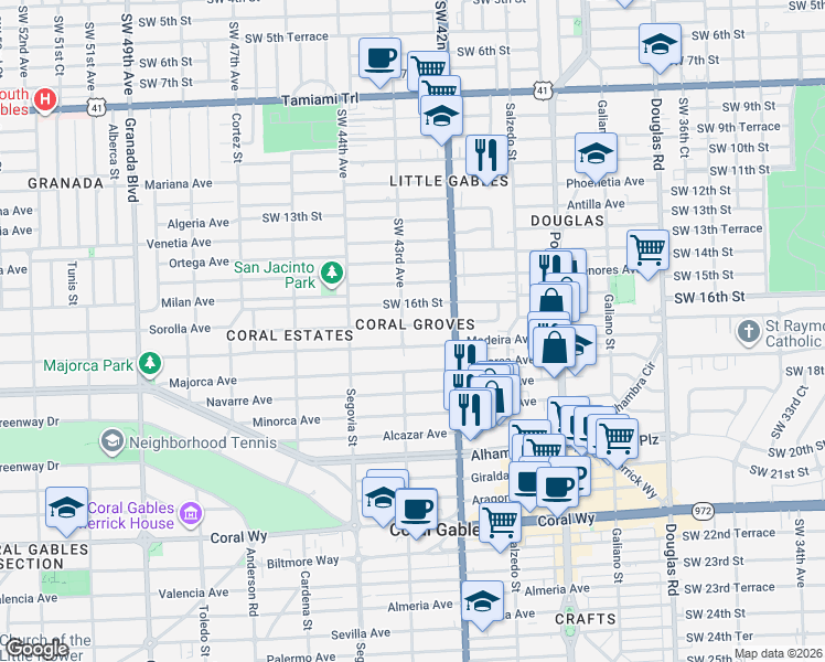 map of restaurants, bars, coffee shops, grocery stores, and more near in Coral Gables