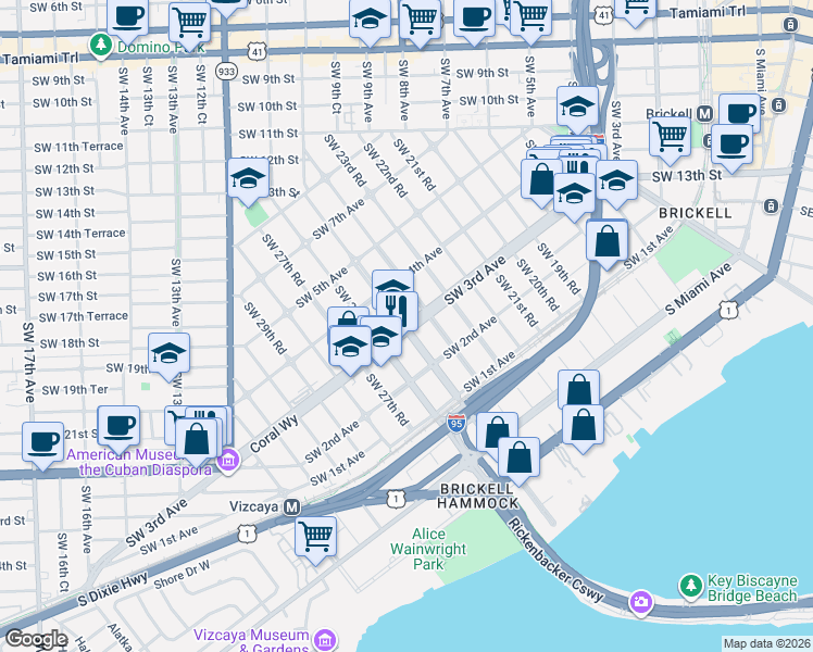 map of restaurants, bars, coffee shops, grocery stores, and more near Southwest 3rd Avenue in Miami