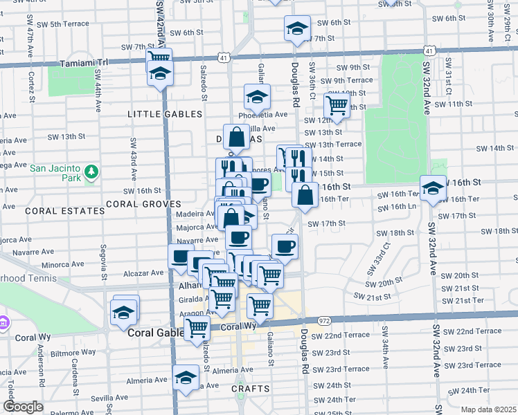 map of restaurants, bars, coffee shops, grocery stores, and more near 110 Zamora Avenue in Coral Gables