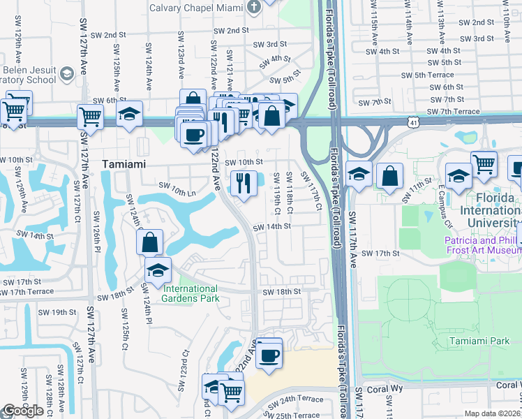 map of restaurants, bars, coffee shops, grocery stores, and more near 11922 Southwest 12th Terrace in Miami