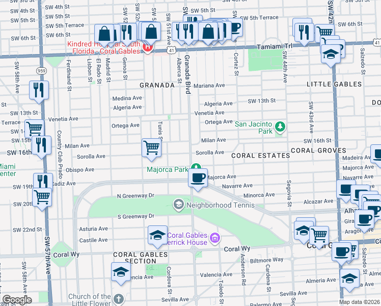 map of restaurants, bars, coffee shops, grocery stores, and more near 1624 Granada Boulevard in Coral Gables