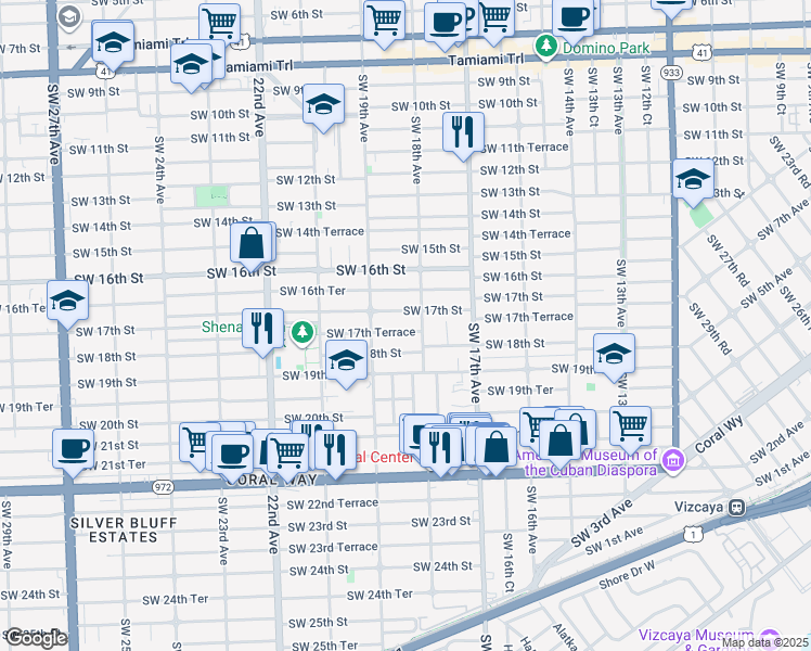 map of restaurants, bars, coffee shops, grocery stores, and more near 1800 Southwest 17th Street in Miami