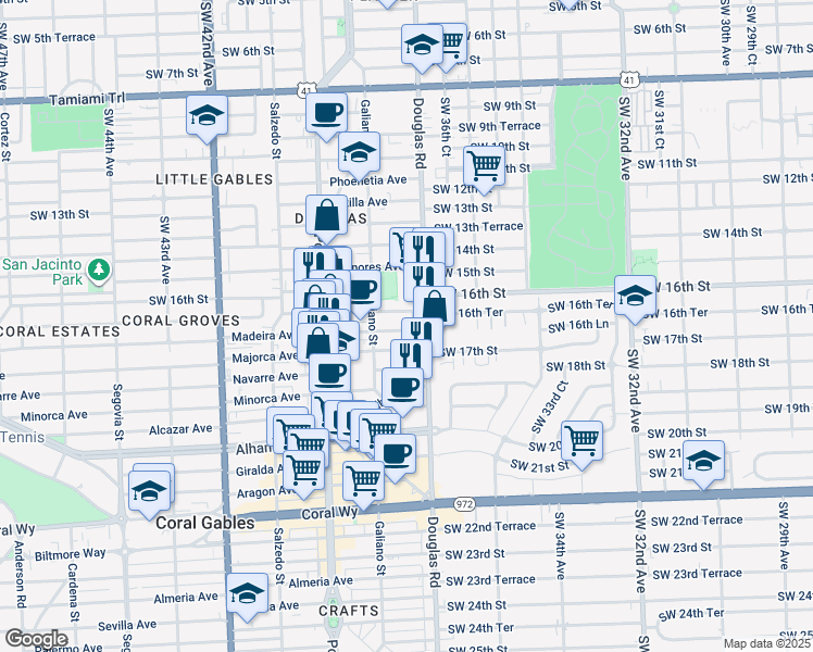 map of restaurants, bars, coffee shops, grocery stores, and more near 28 Zamora Avenue in Coral Gables