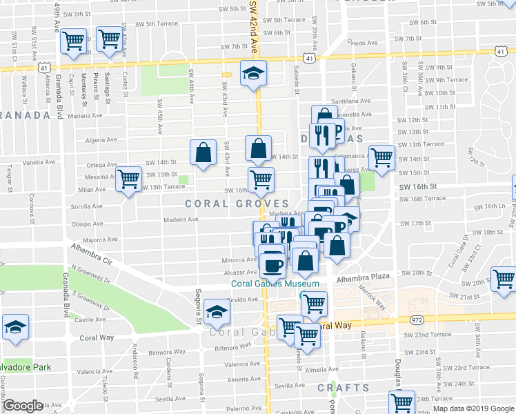 map of restaurants, bars, coffee shops, grocery stores, and more near 409 Zamora Avenue in Miami