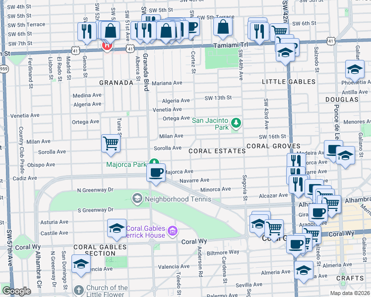 map of restaurants, bars, coffee shops, grocery stores, and more near 821 Sorolla Avenue in Coral Gables