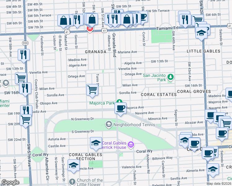 map of restaurants, bars, coffee shops, grocery stores, and more near 1624 Granada Boulevard in Coral Gables