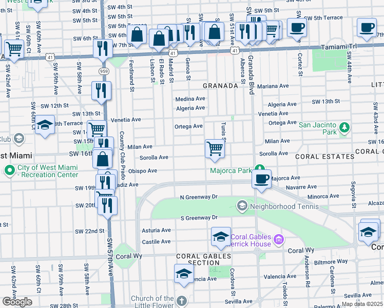 map of restaurants, bars, coffee shops, grocery stores, and more near 1211 Sorolla Avenue in Coral Gables