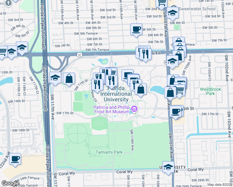 map of restaurants, bars, coffee shops, grocery stores, and more near 11200 Southwest 12th Street in Miami