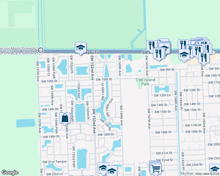 map of restaurants, bars, coffee shops, grocery stores, and more near 1071 Southwest 150th Place in Miami