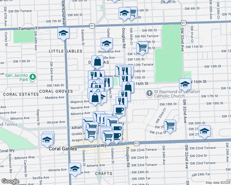 map of restaurants, bars, coffee shops, grocery stores, and more near 28 Zamora Avenue in Coral Gables