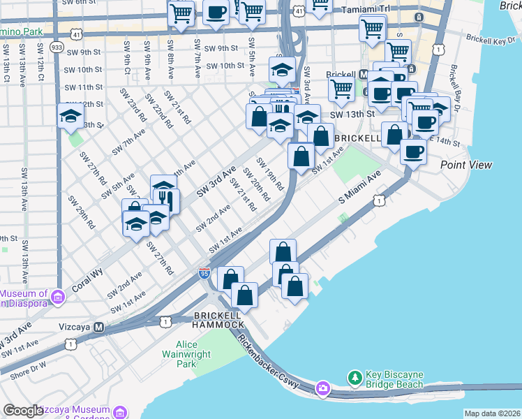 map of restaurants, bars, coffee shops, grocery stores, and more near 119 Southwest 21st Road in Miami