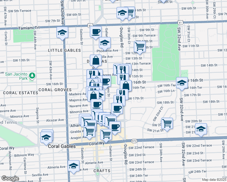 map of restaurants, bars, coffee shops, grocery stores, and more near 33 Madeira Avenue in Coral Gables