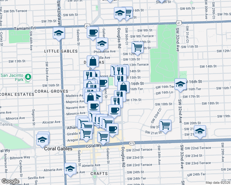 map of restaurants, bars, coffee shops, grocery stores, and more near 21 Madeira Avenue in Coral Gables