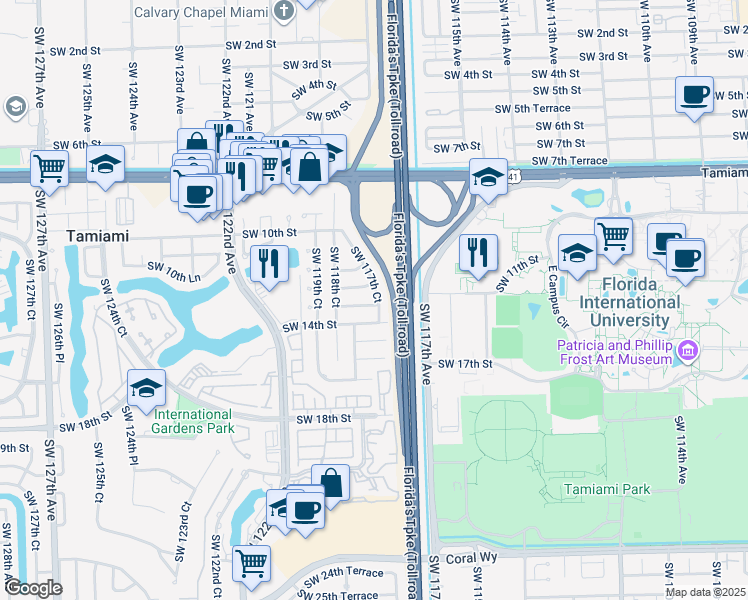 map of restaurants, bars, coffee shops, grocery stores, and more near 1202 Southwest 117th Court in Miami