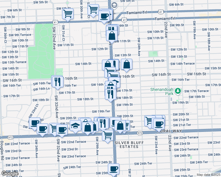 map of restaurants, bars, coffee shops, grocery stores, and more near 2752 Southwest 16th Terrace in Miami