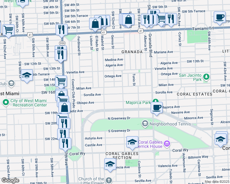 map of restaurants, bars, coffee shops, grocery stores, and more near 1211 Sorolla Avenue in Coral Gables