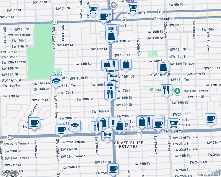 map of restaurants, bars, coffee shops, grocery stores, and more near 1669 Southwest 27th Avenue in Miami
