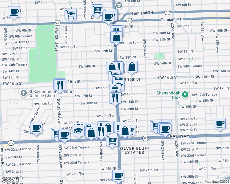 map of restaurants, bars, coffee shops, grocery stores, and more near 1690 Southwest 27th Avenue in Miami