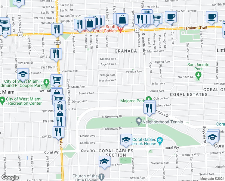 map of restaurants, bars, coffee shops, grocery stores, and more near 1211 Sorolla Avenue in Coral Gables