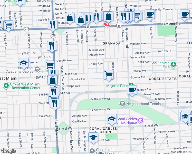 map of restaurants, bars, coffee shops, grocery stores, and more near 1211 Sorolla Avenue in Coral Gables
