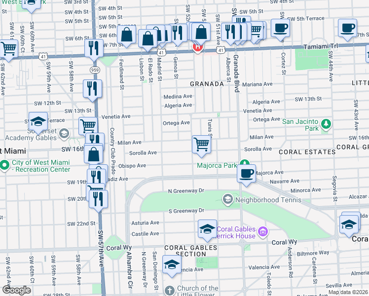 map of restaurants, bars, coffee shops, grocery stores, and more near 1211 Sorolla Avenue in Coral Gables