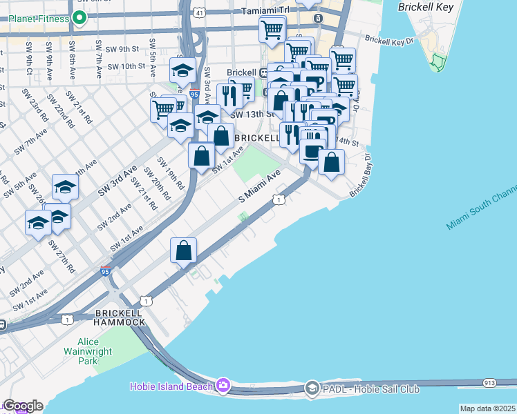 map of restaurants, bars, coffee shops, grocery stores, and more near 1650 Brickell Avenue in Miami