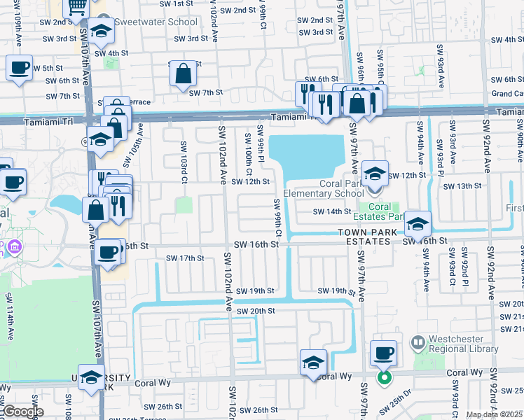 map of restaurants, bars, coffee shops, grocery stores, and more near 10000 Southwest 13th Terrace in Miami