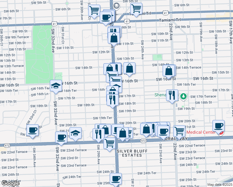 map of restaurants, bars, coffee shops, grocery stores, and more near 1669 Southwest 27th Avenue in Miami