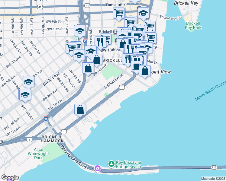 map of restaurants, bars, coffee shops, grocery stores, and more near 1650 Brickell Avenue in Miami