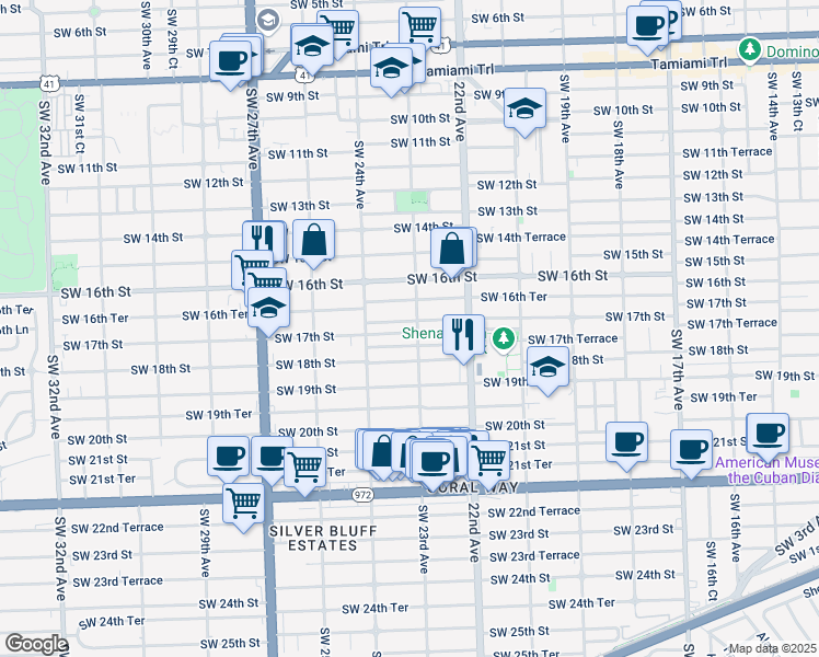 map of restaurants, bars, coffee shops, grocery stores, and more near 2262 Southwest 17th Street in Miami