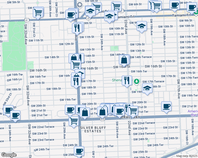 map of restaurants, bars, coffee shops, grocery stores, and more near 2415 Southwest 17th Street in Miami