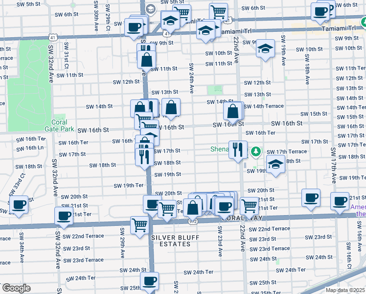map of restaurants, bars, coffee shops, grocery stores, and more near 2415 Southwest 17th Street in Miami
