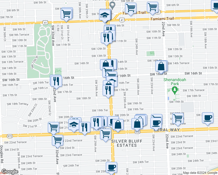 map of restaurants, bars, coffee shops, grocery stores, and more near 1669 Southwest 27th Avenue in Miami