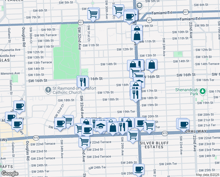 map of restaurants, bars, coffee shops, grocery stores, and more near 1627 Southwest 30th Avenue in Miami