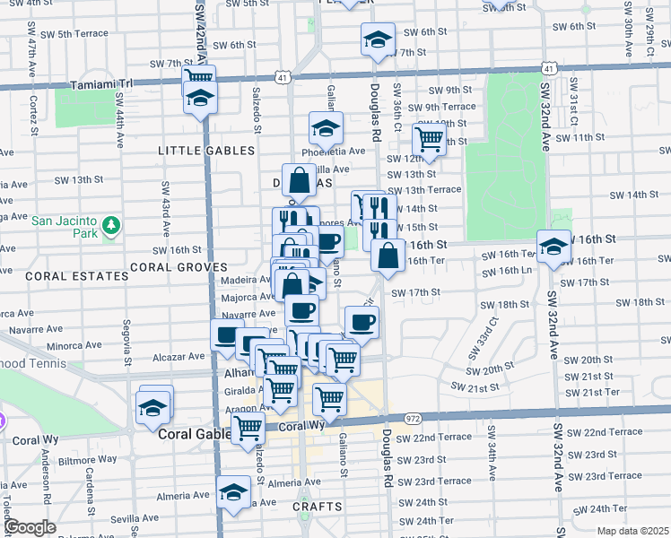 map of restaurants, bars, coffee shops, grocery stores, and more near 110 Zamora Avenue in Coral Gables