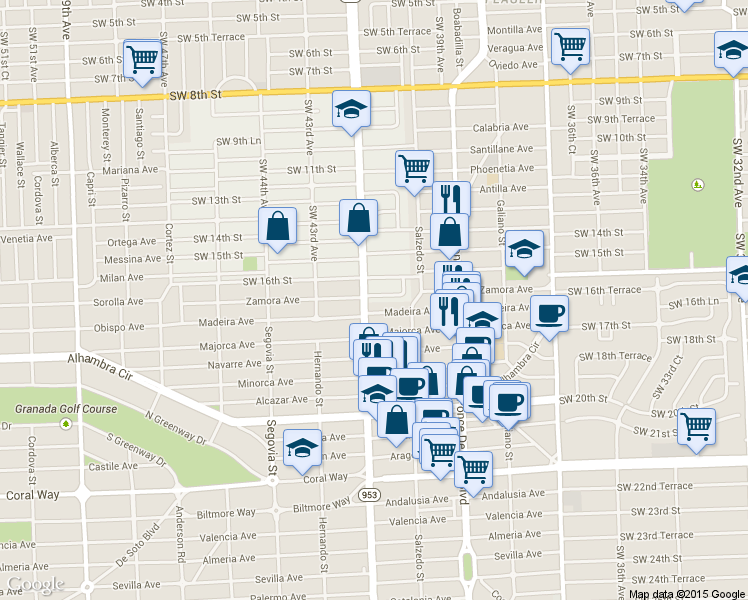 map of restaurants, bars, coffee shops, grocery stores, and more near 4017 Southwest 16th Terrace in Miami
