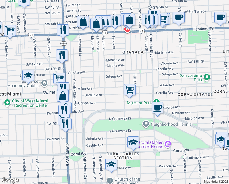 map of restaurants, bars, coffee shops, grocery stores, and more near 1211 Sorolla Avenue in Coral Gables