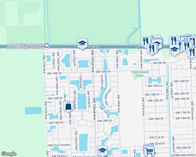 map of restaurants, bars, coffee shops, grocery stores, and more near 15162 Southwest 11th Street in Miami