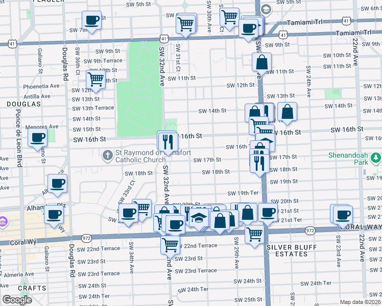 map of restaurants, bars, coffee shops, grocery stores, and more near 1651 Southwest 31st Avenue in Miami