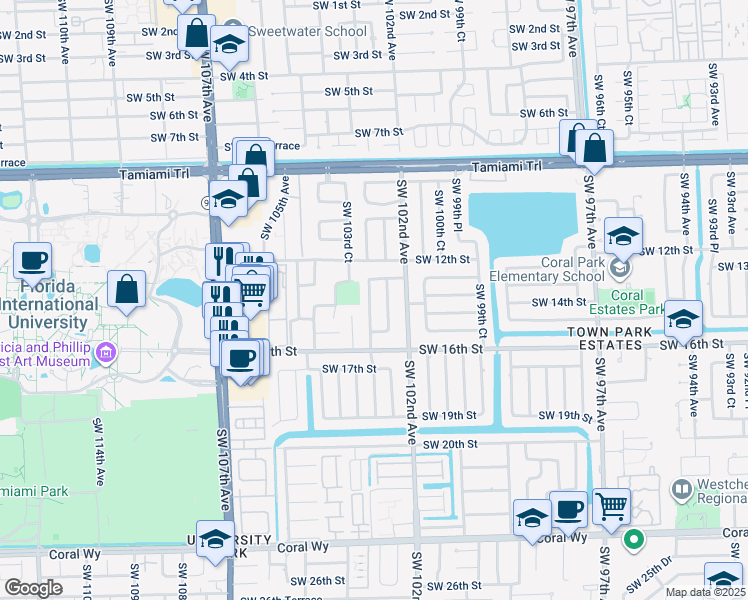map of restaurants, bars, coffee shops, grocery stores, and more near 1330 Southwest 102nd Court in Miami