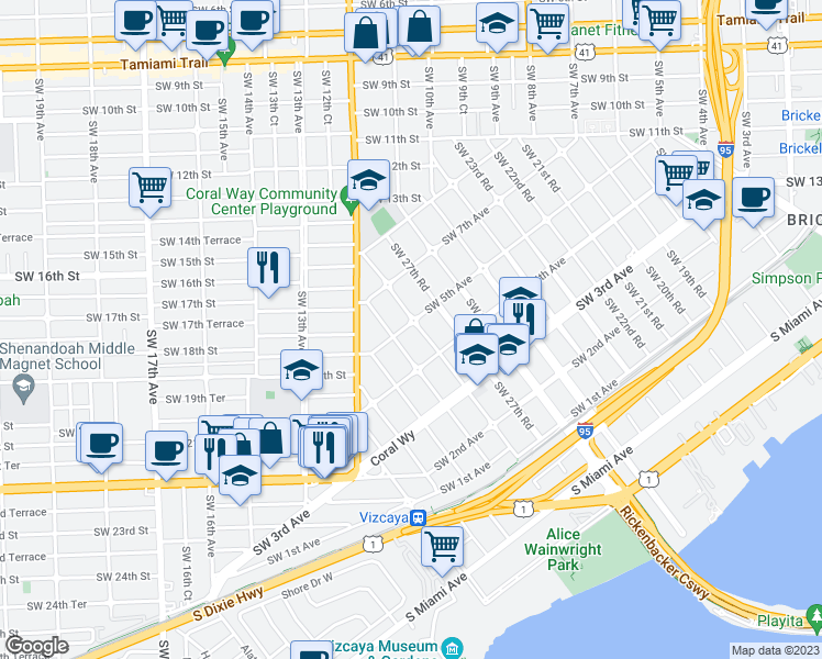map of restaurants, bars, coffee shops, grocery stores, and more near 2801 Southwest 5th Avenue in Miami