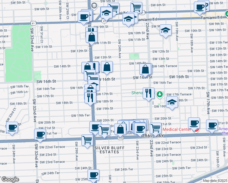 map of restaurants, bars, coffee shops, grocery stores, and more near 2415 Southwest 17th Street in Miami