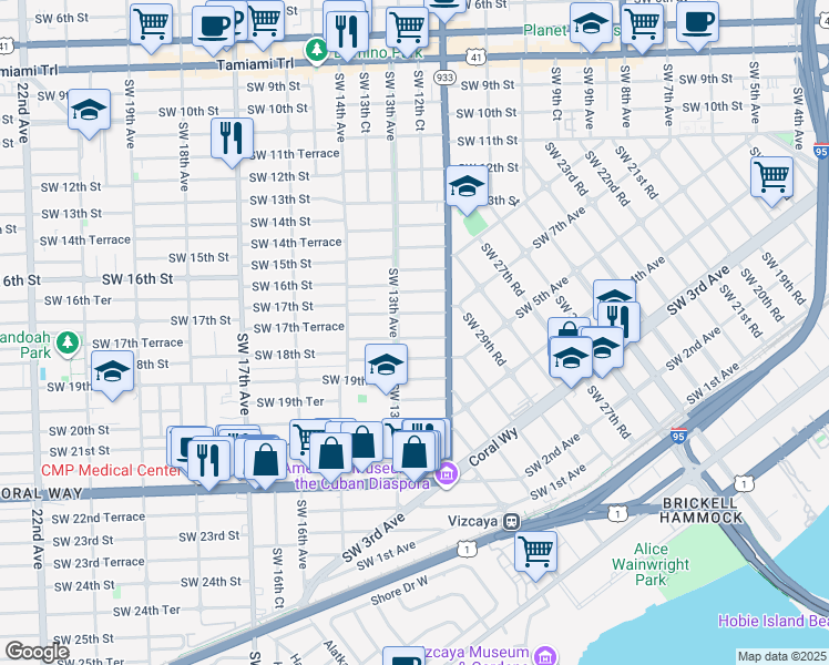 map of restaurants, bars, coffee shops, grocery stores, and more near 1255 Southwest 17th Terrace in Miami