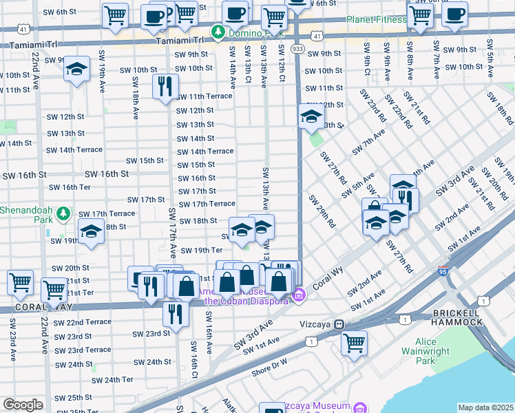 map of restaurants, bars, coffee shops, grocery stores, and more near 1325 Southwest 17th Terrace in Miami