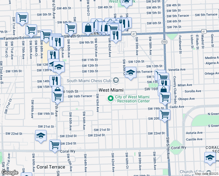 map of restaurants, bars, coffee shops, grocery stores, and more near 6236 Southwest 15th Street in West Miami