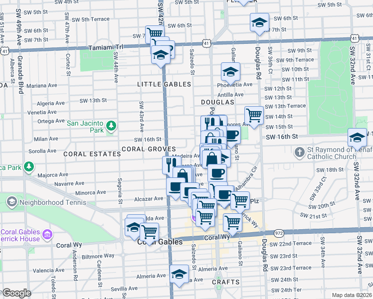 map of restaurants, bars, coffee shops, grocery stores, and more near 4017 Southwest 16th Terrace in Miami