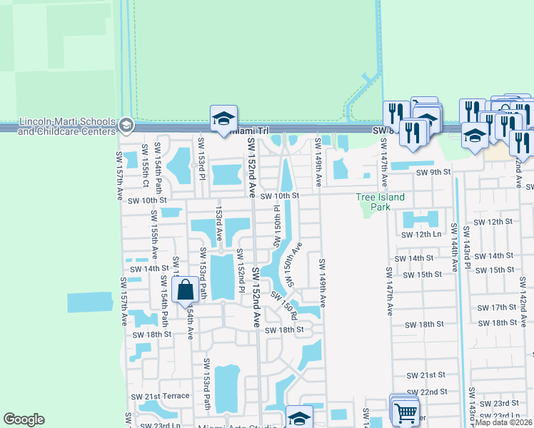 map of restaurants, bars, coffee shops, grocery stores, and more near 15162 Southwest 11th Street in Miami