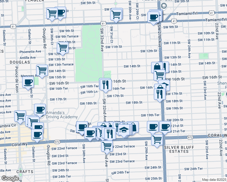 map of restaurants, bars, coffee shops, grocery stores, and more near 3130 Southwest 16th Terrace in Miami